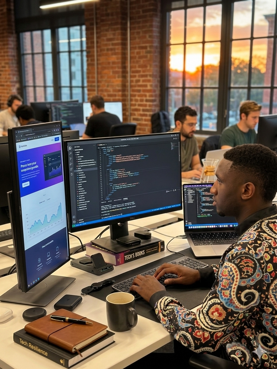 Eliel Kayembe Mukulu coding at a dual-monitor workstation in a modern brick-walled office at sunset, building a client website
